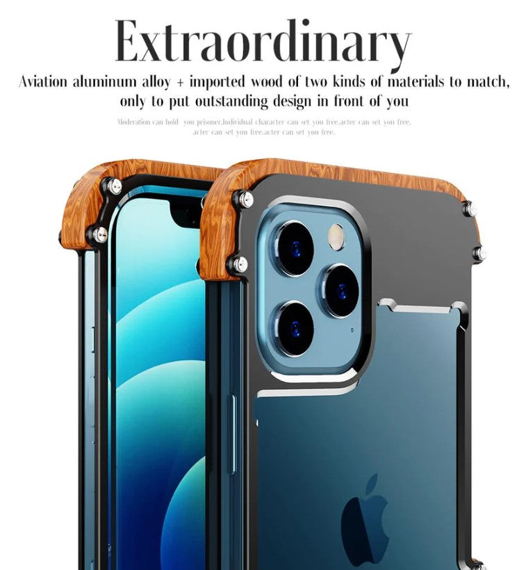 Luxury Metal Aluminum Wood Protective Bumper Case for iPhone 13 Series iPhone 12 Series (Select Model)
