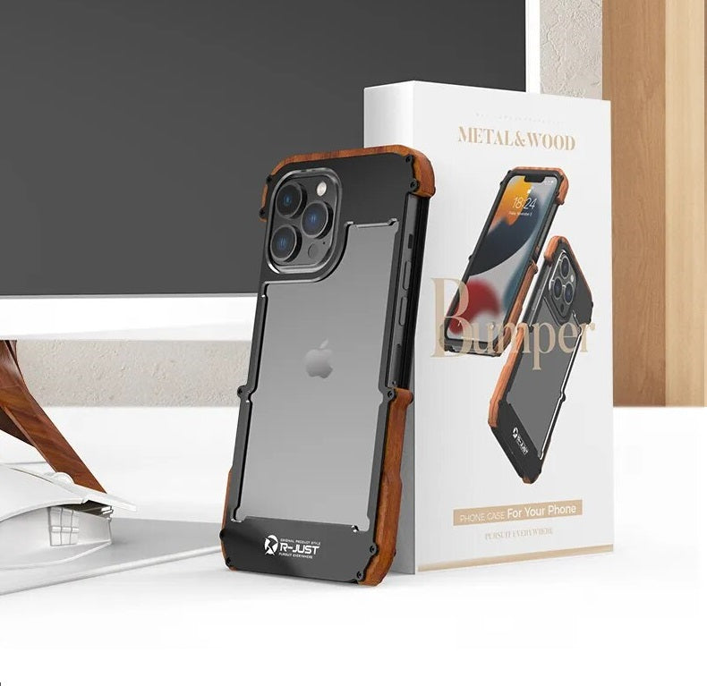 Luxury Metal Aluminum Wood Protective Bumper Case for iPhone 13 Series | iPhone 12 Series (Select Model)