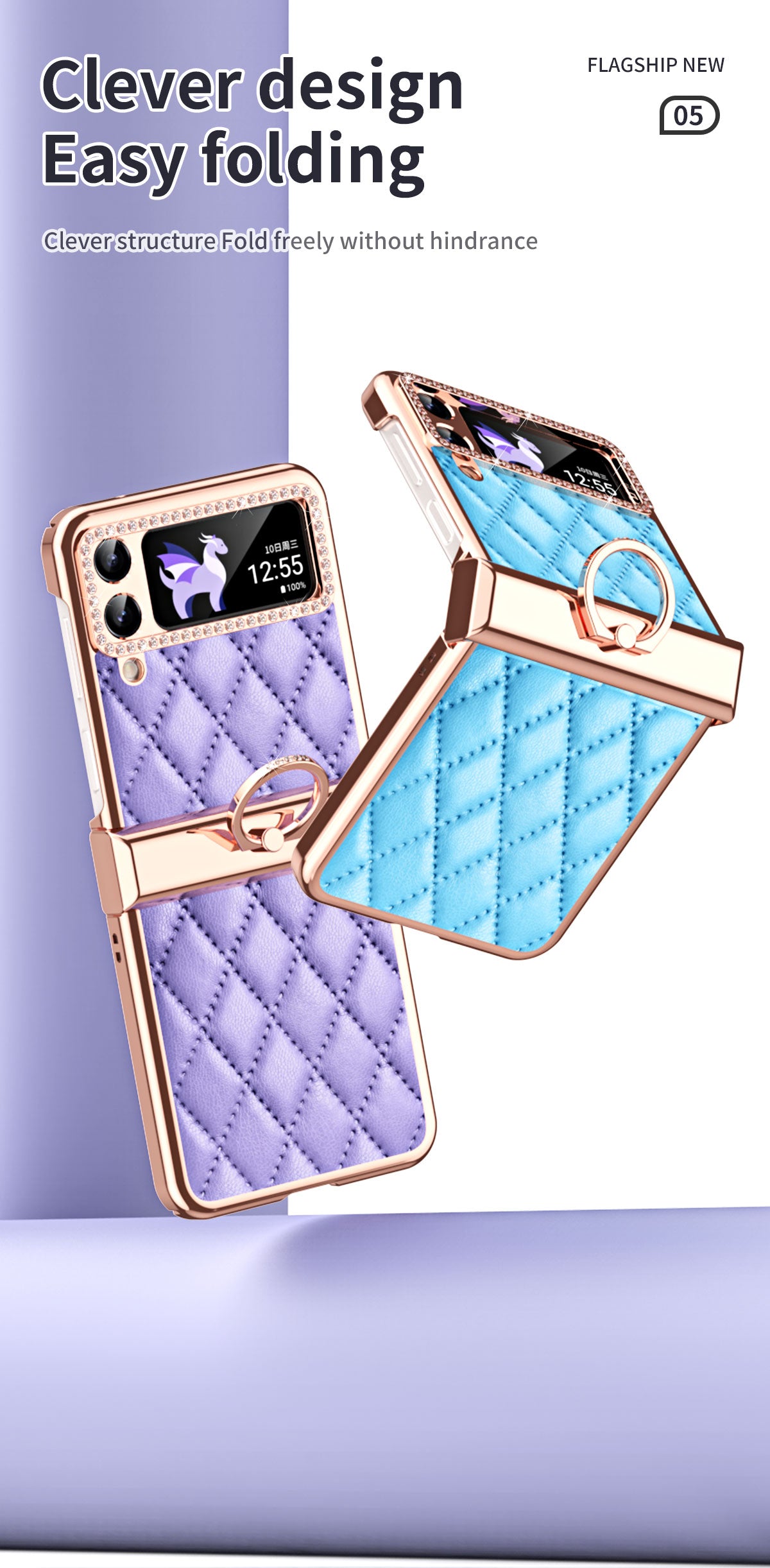 Luxurious Leather Diamond Standing Case For Galaxy Z Flip3 / Galaxy Z Flip4