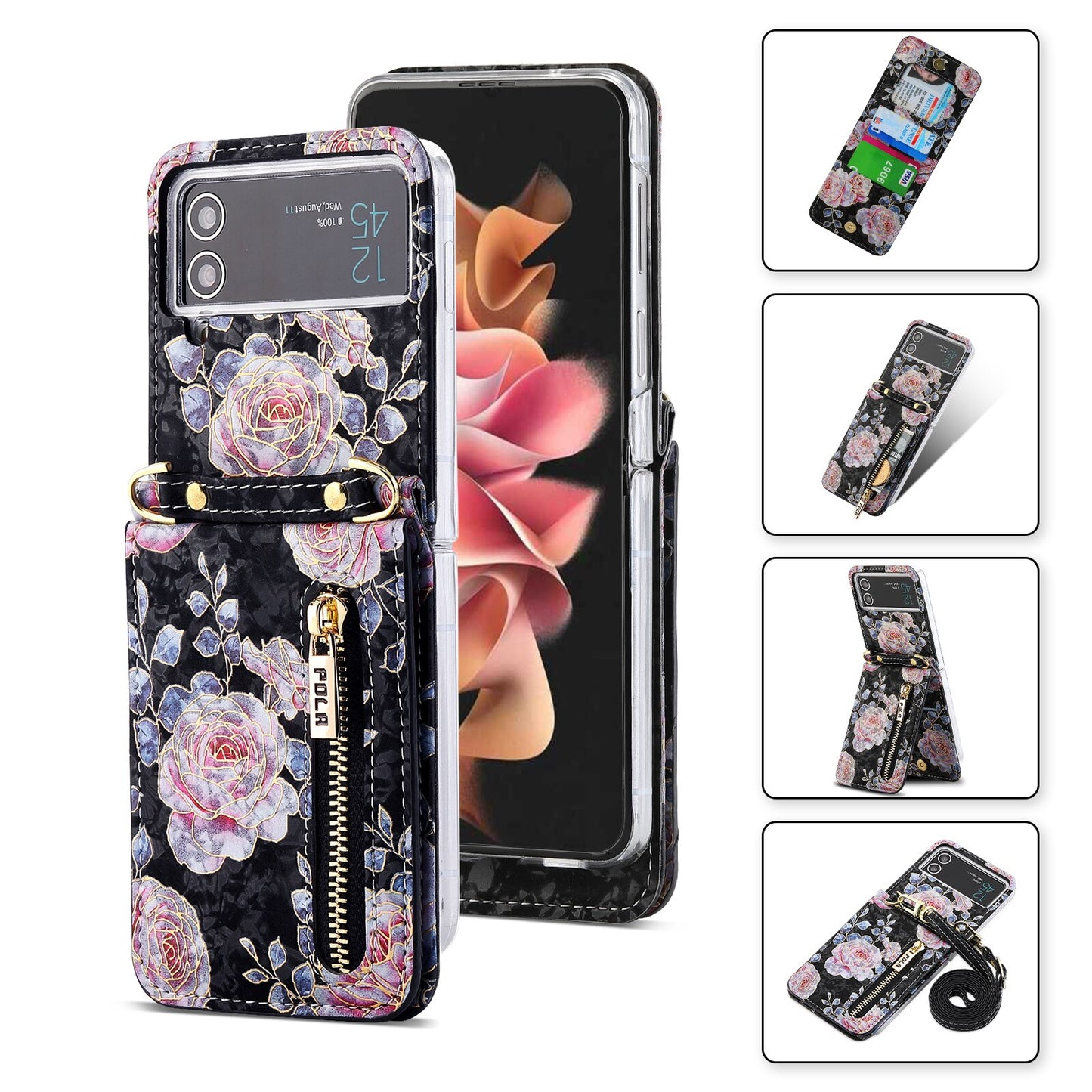 Premium 3D Leather Pocket Holder Standing Case For Galaxy Z Flip3 / Galaxy Z Flip4