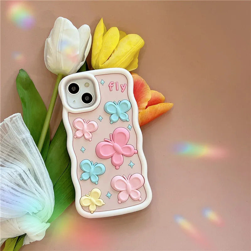 Pretty 3D Butterfly Pastel Color Cute Silicone Case for iPhone 14 Series