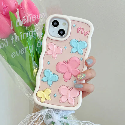 Pretty 3D Butterfly Pastel Color Cute Silicone Case for iPhone 14 Series