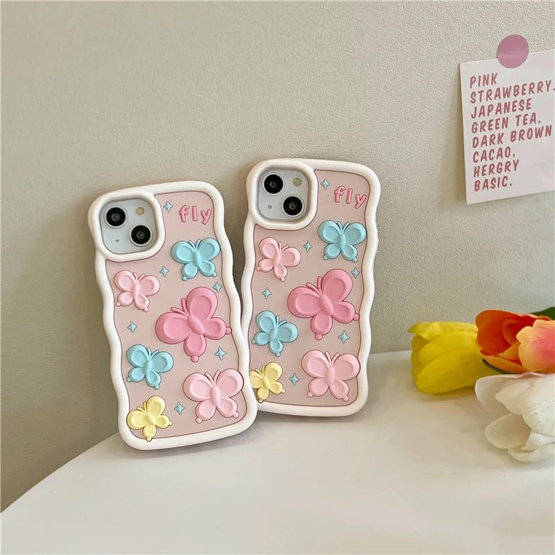 Pretty 3D Butterfly Pastel Color Cute Silicone Case for iPhone 14 Series