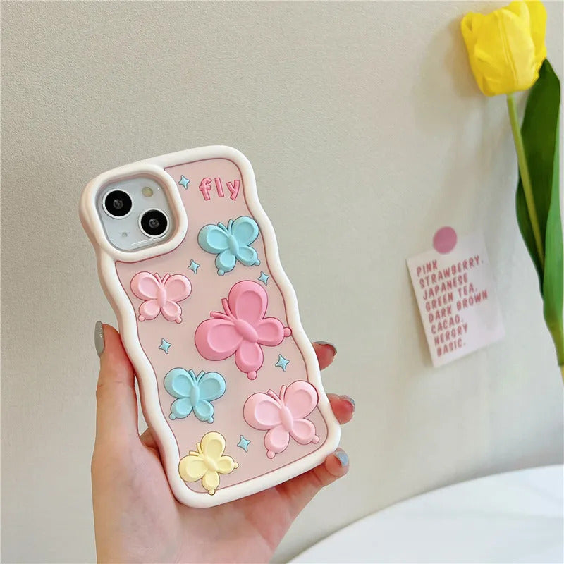 Pretty 3D Butterfly Pastel Color Cute Silicone Case for iPhone 14 Series