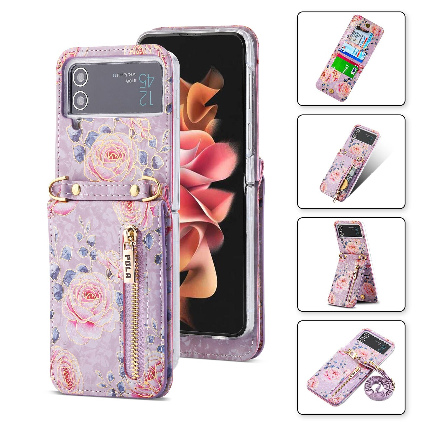 Premium 3D Leather Pocket Holder Standing Case For Galaxy Z Flip3 / Galaxy Z Flip4